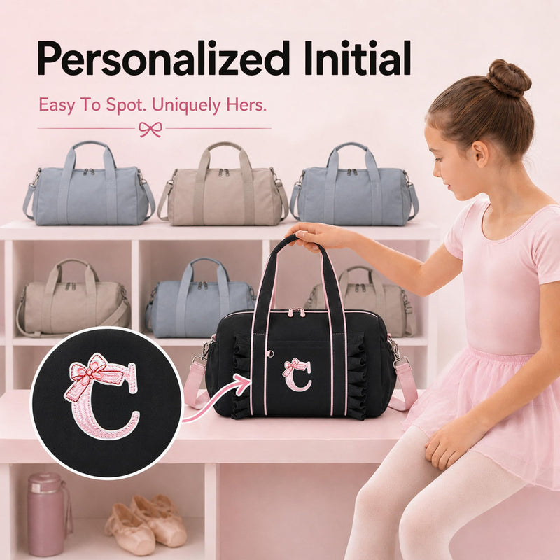 LEDAOU Dance Bag for Girls, Initial Ballet Duffle, Travel and Overnight Bag | 13-inch personalized dance duffle with 2 compartments, wet-dry pocket and adjustable strap for travel, overnights and gifts. Black Initial C