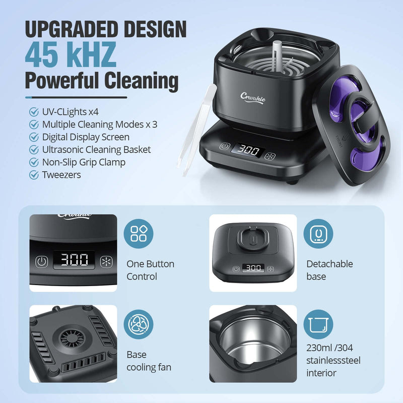 [Australia] - Ultrasonic Retainer Cleaner, Detachable 45kHz Retainer Cleaner Machine 3 Modes Dental Cleaning Pod with Visible Window Digital Timer for Mouth Guard, Dentures, Aligner, Braces, Jewelry - Black 