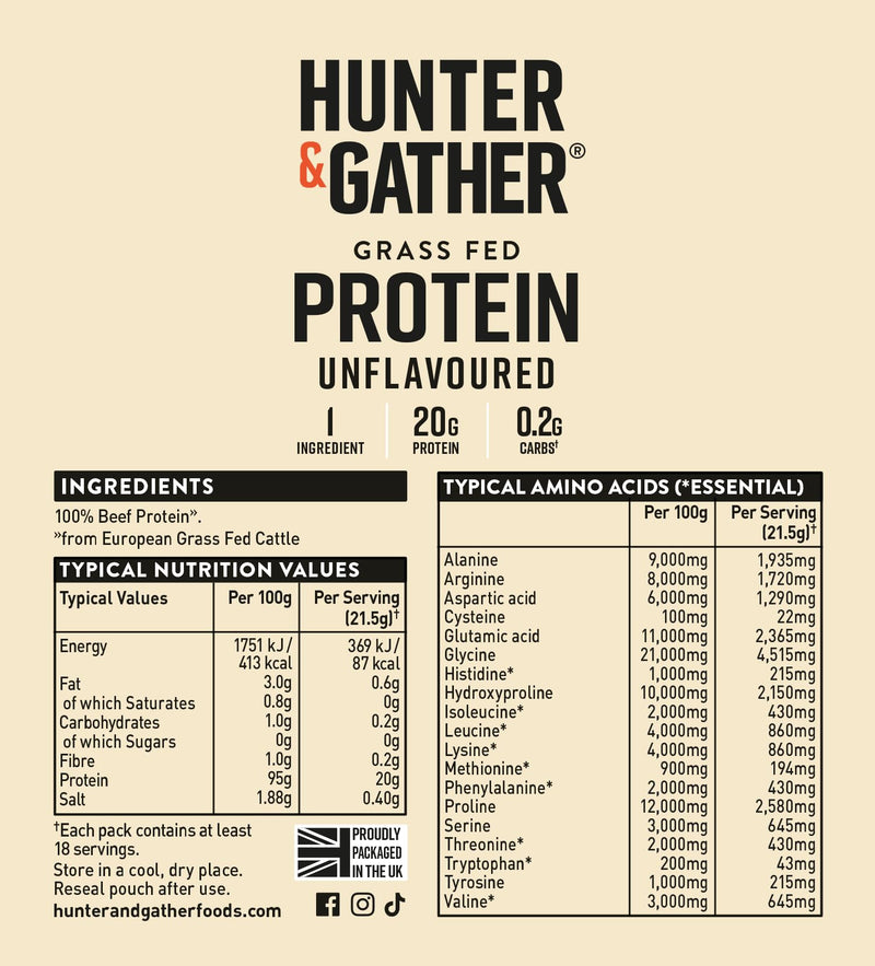 Hunter & Gather Grass Fed Beef Protein Powder 400g | 20g Protein per Serving | No Artificial Sweeteners or Fillers | Lean Muscle Growth | Dairy Free | Naturally Easy to Digest Unflavoured
