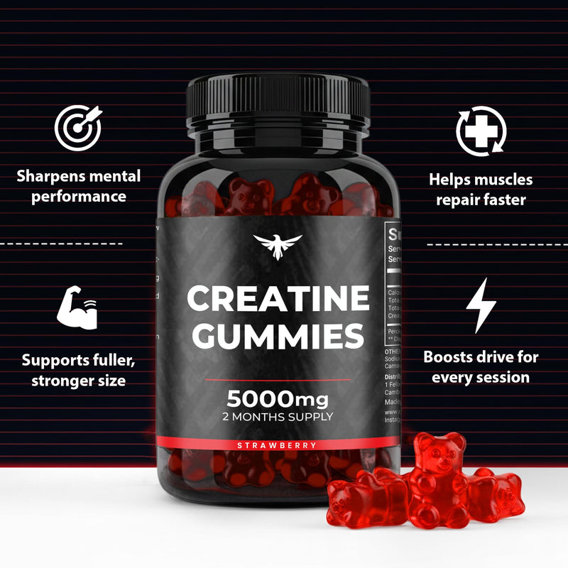 Creatine Gummies 5000mg | Creatine Monohydrate Gummies – Chewable Creatine Supplement for Men & Women | 120 Vegan Gummies Easy Pre & Post Workout Gym Support for Performance and Muscle Power Strawberry