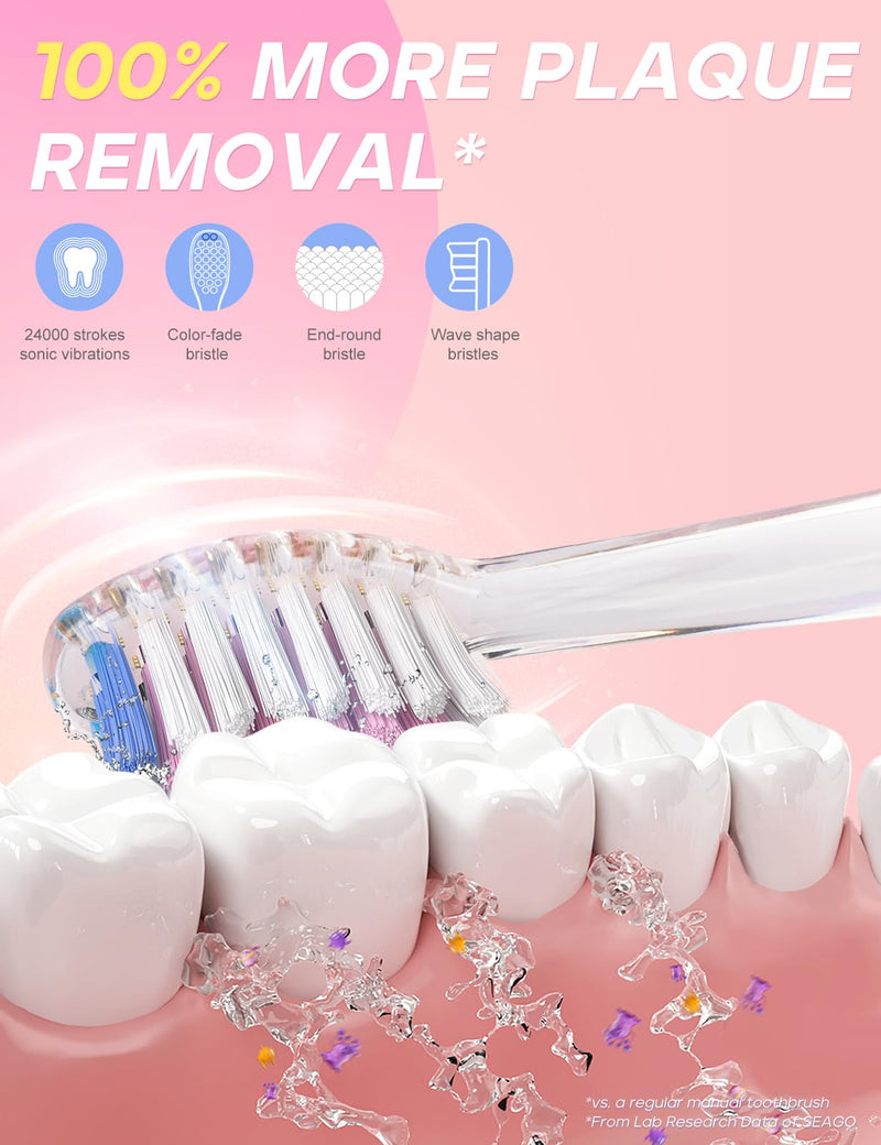 [Australia] - SEAGO Kids Electric Toothbrush with 2 Mins Brushing Timer and 8 Replacement Bursh Heads,Rainbow LED Light Make Brushing Fun, Pink Color Girls Battery Powerd Toothbrush for 4-12 Years Old 