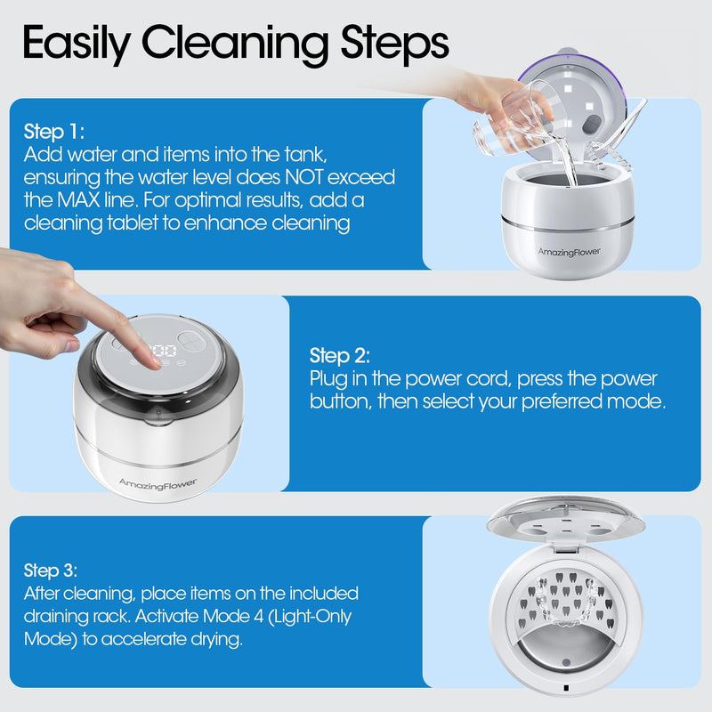 [Australia] - Ultrasonic Retainer Cleaner Machine, Upgraded 45kHz Ultrasonic Jewelry Cleaner for Ring, Aligner, Nightguard, Mouth Guard, Toothbrush Heads, Dental Cleaning Pod with 4 Lights 200ML 