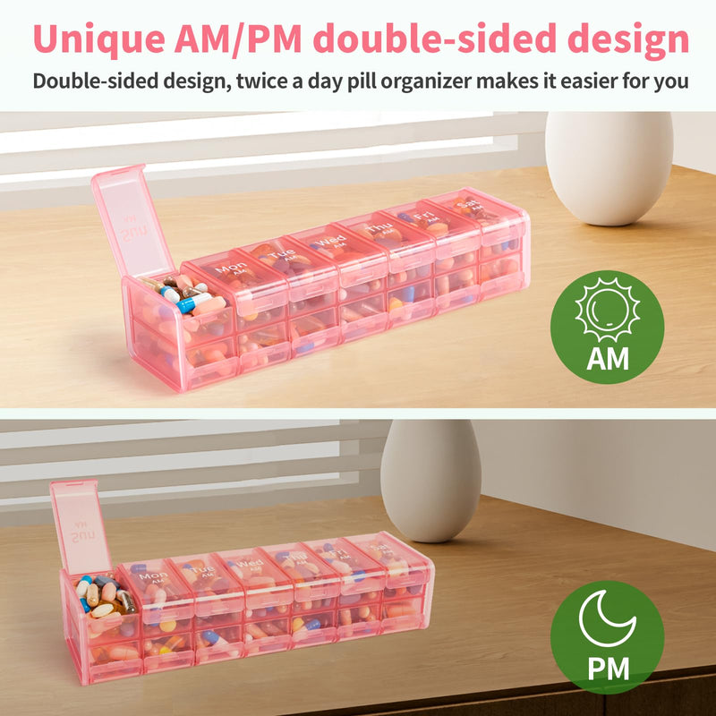Daviky Extra Large Weekly Pill Organizer 2 Times a Day, XXL Pill Box 7 Day | BPA-Free Daily Medicine Case with AM PM Large Compartments, Jumbo Pill Holder for Fish Oils, Vitamins & Supplements Pink