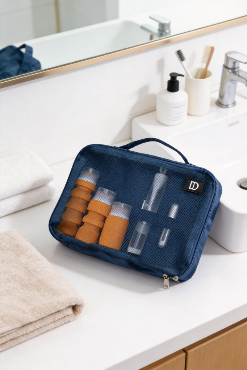 Decent Travels Toiletry Kit – Compact Travel Bag with Refillable Bottles (90ml), Perfume Atomizer & Foldable Toothbrush for Carry-On Essentials