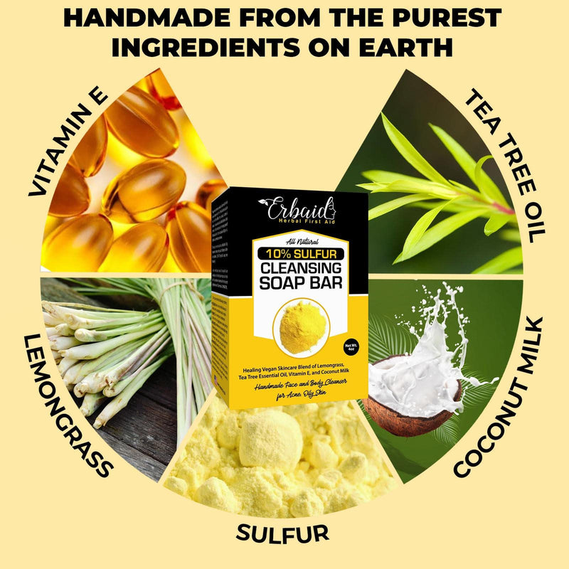 10% Sulfur Soap Cleansing Bar for Face & Body – All Natural Facial Cleanser for Acne, Oily Skin – Healing Skincare Blend of Lemongrass, Tea Tree Essential Oil, Vitamin E, Coconut Milk – Made in USA 4 Ounce (Pack of 2)