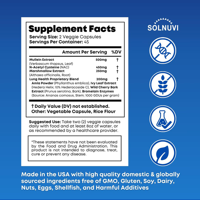 [Australia] - Mullein Leaf Extract & NAC Lung Detox Cleanse- N-Acetyl Cysteine, Marshmallow Root, Bromelain - Lung Health, Sinus, Mucus Removal Support Supplement for Smokers - 90 Capsules, Non-GMO, Gluten-Free 