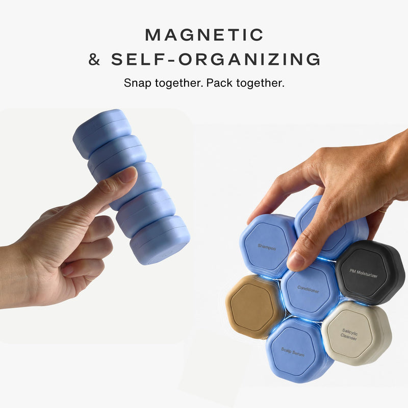 Cadence Travel Containers Haircare Capsule Set - Magnetic Containers with Lids,Carry On Travel Essentials For Women/Men - 3 Flex Mediums (1.32oz) - Shampoo, Conditioner & Comb Icon Labels - Evergreen Haircare (Set of 3)