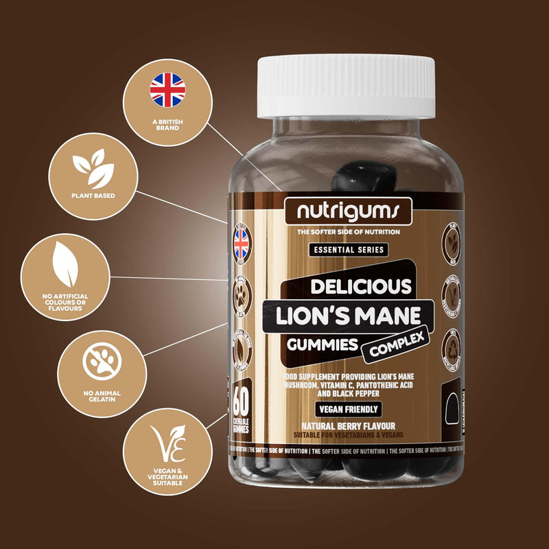 Lion's Mane Mushroom Gummies 2500mg High Strength | 60 Vegan Brain & Focus Supplements | with Vitamins & Black Pepper Extract | Mental Performance & Tiredness Support | Berry Flavour by NUTRIGUMS®