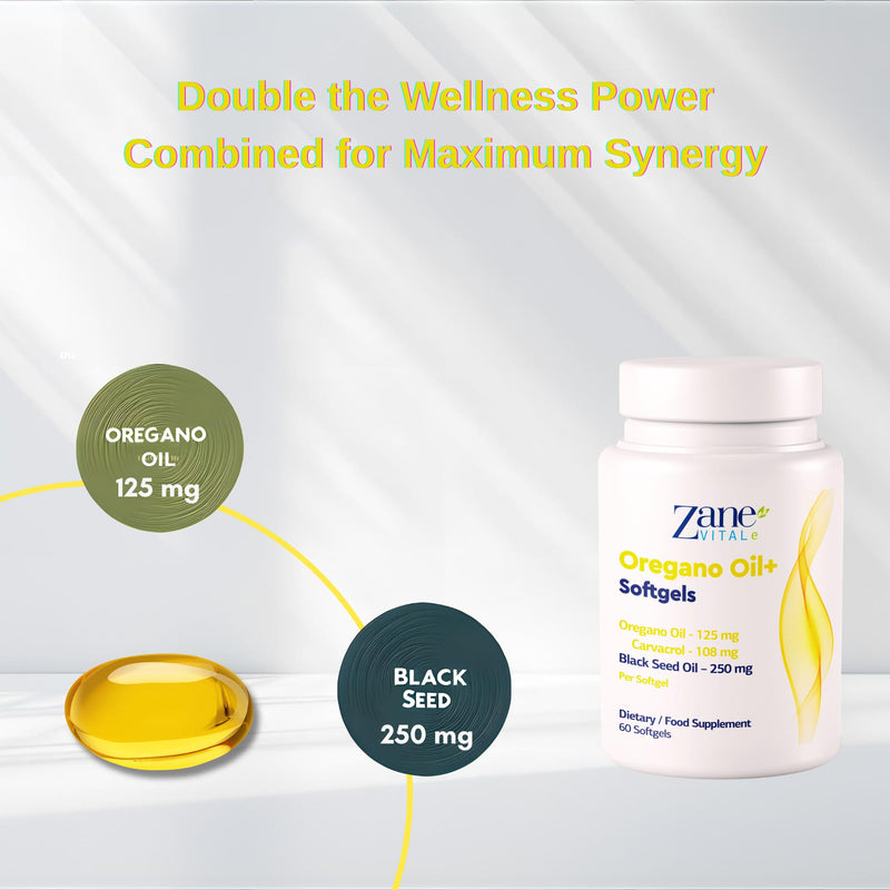 Zane Oregano Oil+ Oregano & Black Seed Oil Softgels – with Carvacrol & Thymoquinone – Dietary Supplement for Immune & Digestive Wellness - Non-GMO, Gluten-Free – 60 Softgels by Zane Vital.