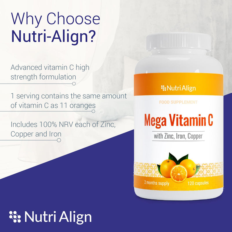 Nutri-Align Mega Vitamin C | 120 High Strength Vitamin C Capsules 1000mg VIT C per Serving - VIT C and Zinc, Iron & Copper Supplement | Gluten & Sugar Free | Made in the UK 120 count (Pack of 1)