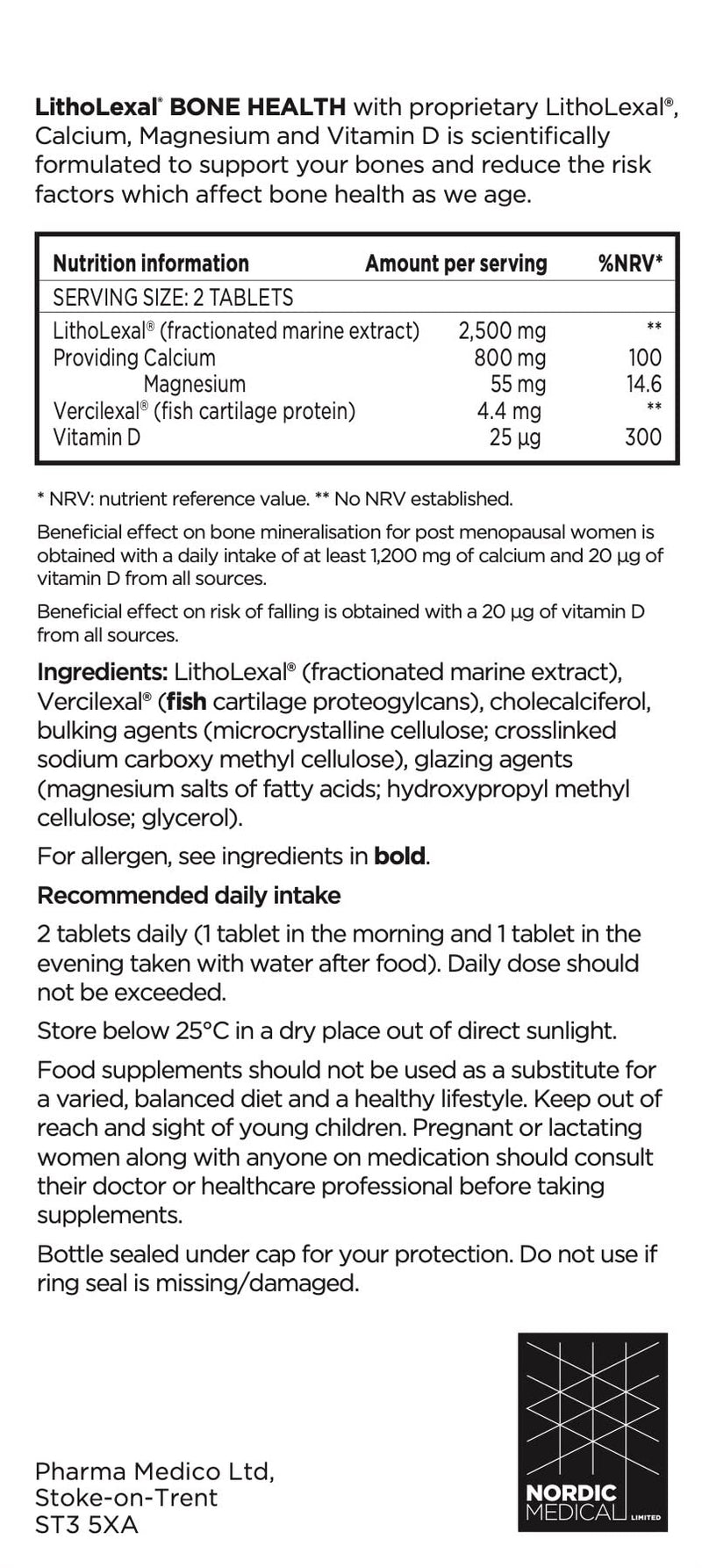 Bone Health 60 Tablets (1 Month Supply) Food Supplement, containing Plant-Based Calcium, Magnesium and Vitamin d
