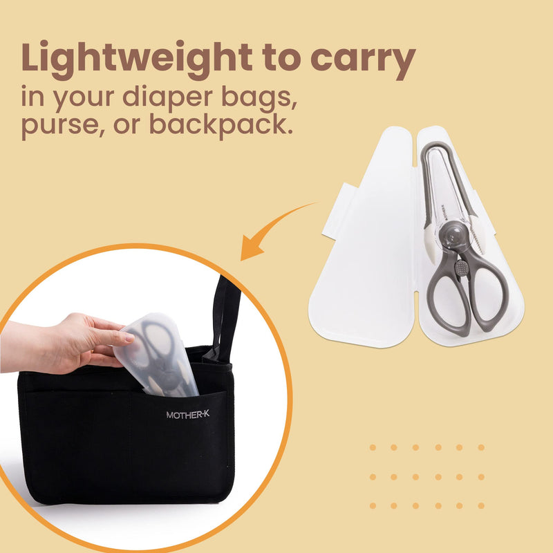 [Australia] - MOTHER-K Portable Ceramic Scissors with Tongs Set, Ceramic Scissors for Baby Food with Protective Blade Cover and Portable Case, Safety Lock (GREY) 