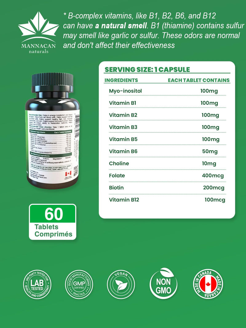 Vegan B Vitamins 60 Capsules B100, Mannancan Naturals B-Complex for Women Men, Super Multivitamin B Complex Vitamins Supplements, VIT B Multi b Vitamin Complex for Men 1 Count (Pack of 60)