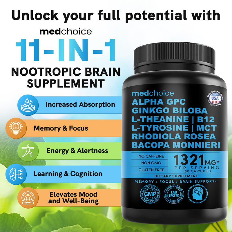 [Australia] - 11-in-1 Nootropic Brain Supplements: Memory & Focus Supplement with Ginkgo Biloba, L Theanine, Bioperine, & Alpha GPC Choline - 1321mg, 60ct - Stimulant Free, Vegan - Focus Brain Support (1 pack) Caffeine-free 60 Count (Pack of 1) 