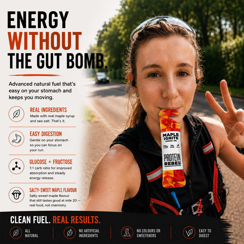 Maple Ignite - Natural Energy Gels with Grade A Canadian Maple Syrup for Running, Cycling & Endurance by Protein Rebel - Easy to Digest Running Gels - 24g Carbs, Electrolytes (8 Sachets) Maple Ignite 36 g (Pack of 8)
