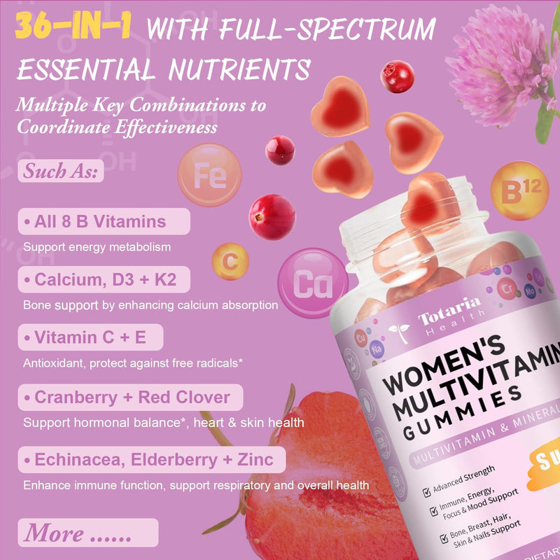 Totaria Sugar Free Multivitamin Gummies for Women 14+ w/Inositol, Iron, Folate, Biotin, Womens Daily Multivitamin Gummy w/Vitamin A, D, C, B, Support Hair, Skin, Energy, Immune, Strawberry Flavor 60 Count (Pack of 2)