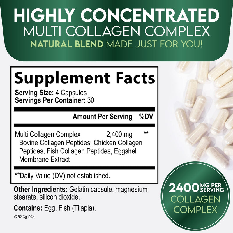 Multi Collagen Pills - Hydrolyzed Collagen Peptides Capsules for Women & Men - Types I, II, III, V, X Multi Collagen Complex - Hair, Skin & Nails Support Supplement - Bottled in the USA - 120 Capsules 120 Count (Pack of 1)