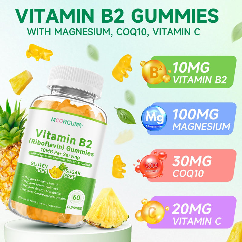 Vitamin B2 Gummies, 10mg Riboflavin Supplement for Kids & Adults, with Magnesium Glycinate, CoQ10 and Vitamina C, for Women and Men, Energy, Immune Wellness & Cellular Health Support, 120 Count 30 Count (Pack of 2)