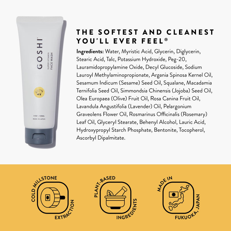 GOSHI Super Vitamin Face Wash - Gentle Foaming Cleanser, 4 oz | Facial cleanser with vitamin E & macadamia for all skin types, made in Japan