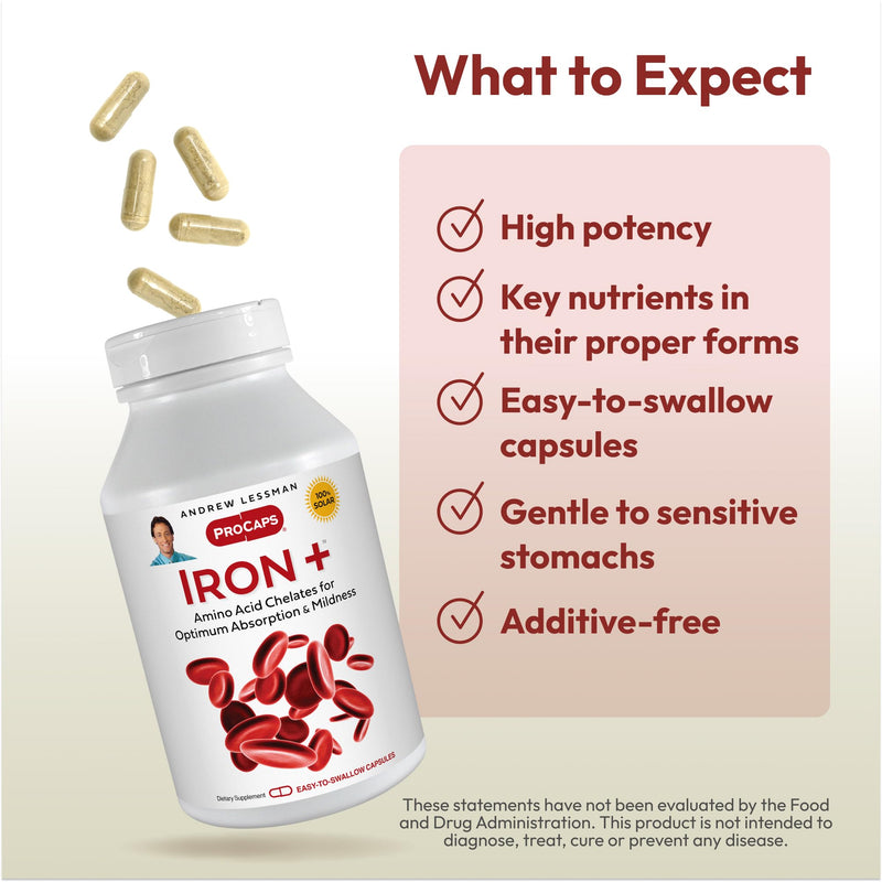 Andrew Lessman ProCaps Iron Plus 18mg Chelated Iron 180 Capsules | Gentle amino acid chelated iron with Vitamin C to support absorption. Non-acidic and easy on the stomach. 180 Count (Pack of 1)