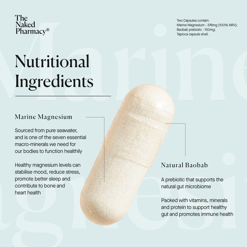 The Naked Pharmacy | Marine Magnesium | Sleep & Nerve/Muscle | Natural Supplements with Prebiotic Baobab | High Strength | No Additives | Vegan | 60 Capsules 60 count (Pack of 1)