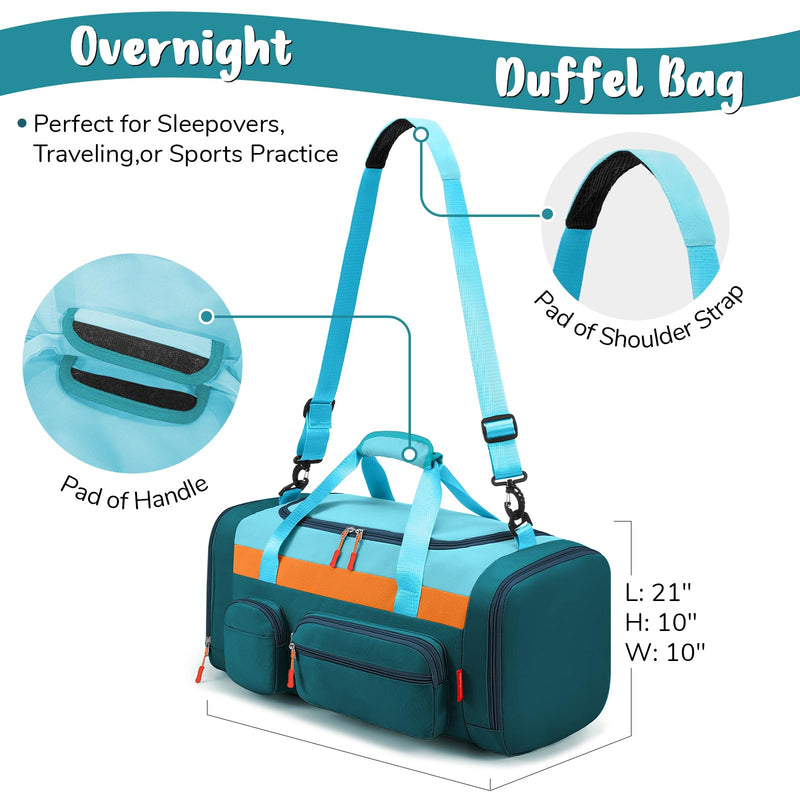 WOOMADA Kids Travel Bag with Shoe & Wet Pockets, Carry On Duffle Bag(green blue) green blue