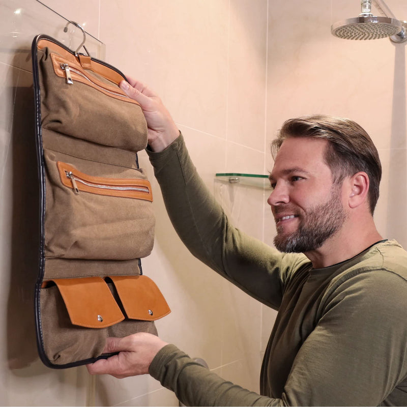 Leather Toiletry Bag for Men - Water Resistant, 2 Zippered Internal Pockets, 2 Snap-Fastened Internal Pockets, and Hanging Hook. Brown