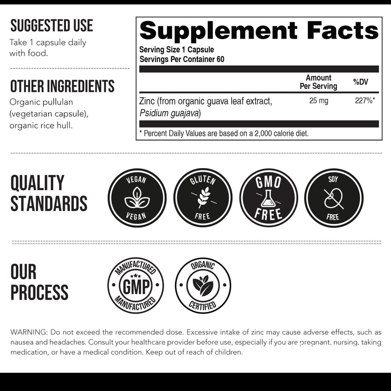 [Australia] - Organic Zinc 25 mg | Whole Food zinc Supplements | Derived from Organic Fruit, Elemental Zinc - Water Extracted, Vegan, GMO-Free - Essential Mineral, Antioxidant, Immune Support, Skin - 60 Servings 
