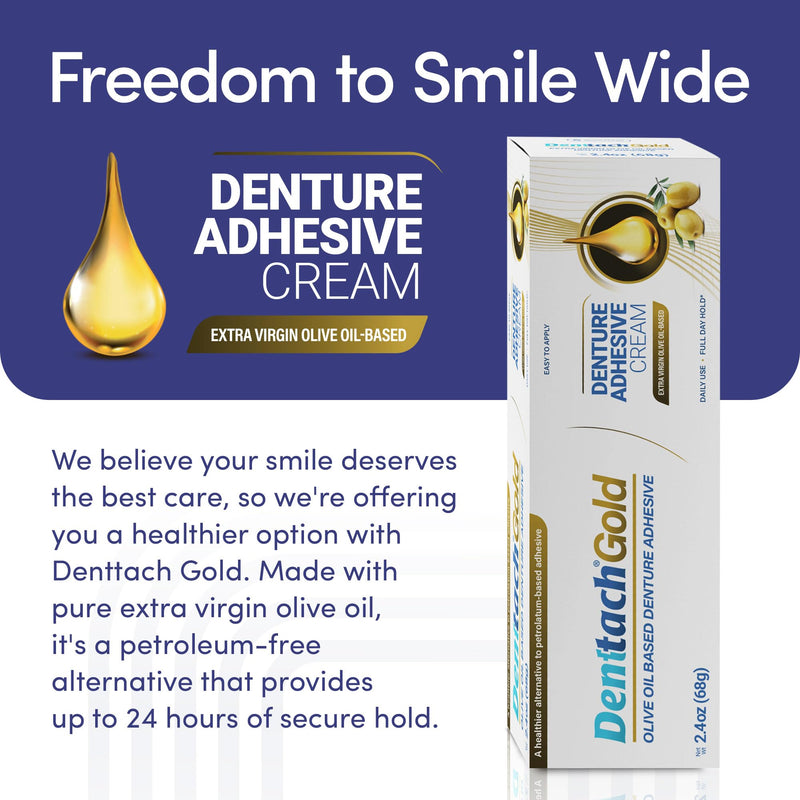 [Australia] - Denttach Gold Denture Adhesive, Petroleum Free Olive Oil Based Premium Denture Adhesive Cream for Full and Partial Dentures, All Day Secure Hold Denture Glue, Zinc Free, 2.4 Ounce 1 