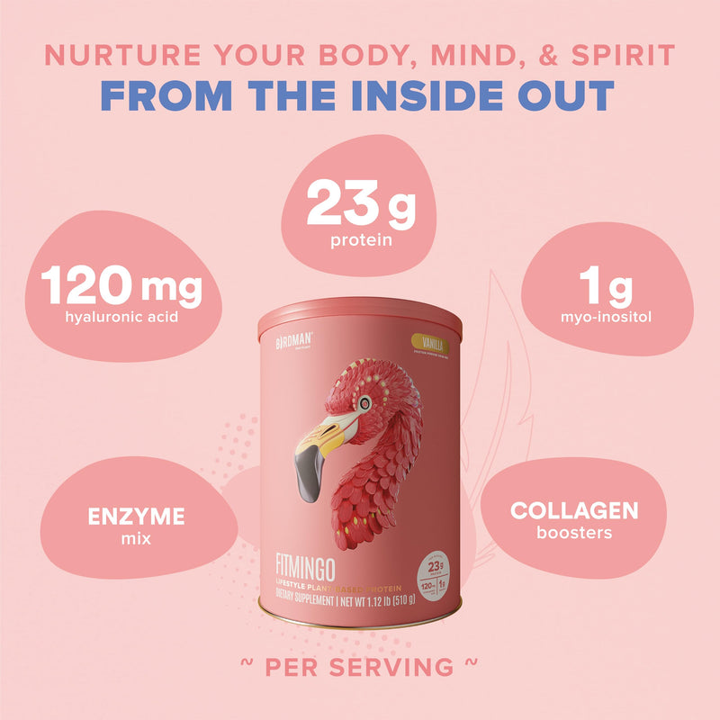 [Australia] - BIRDMAN Fitmingo Vegan Protein Powder for Women with Inositol, Collagen Boosters, Hyaluronic Acid & Vitamins | Low Carb, Dairy Free, Lactose Free, Low Calorie | 23g Plant Based Vanilla Protein Powder 15 Servings (Pack of 1) 