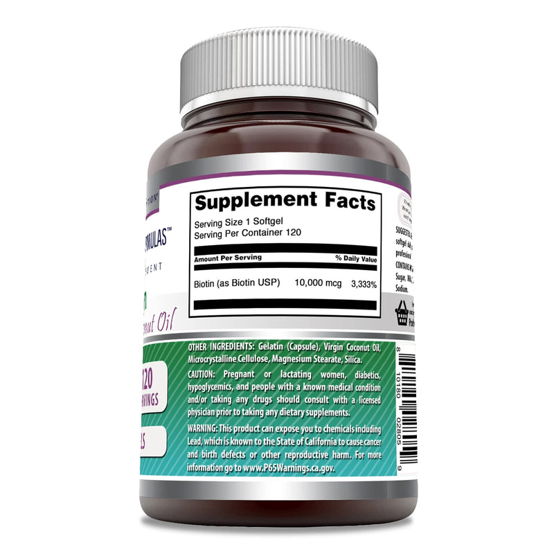 Amazing Formulas Biotin with Extra Virgin Organic Coconut Oil Supplement | 10000 Mcg | 120 Softgels | Non-GMO | Gluten-Free | Made in USA Unflavored 120 Count (Pack of 1)