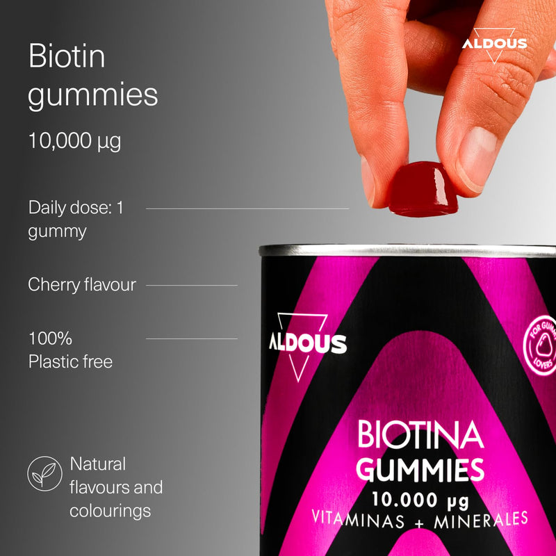 Biotin 10.000 mcg - 120 Gummies - Cherry Flavour | Hair Gummies - Folic Acid, Zinc, Selenium, Iodine + Vitamins - Biotin for Hair - Hair Skin & Nails Vitamins - Multivitamins