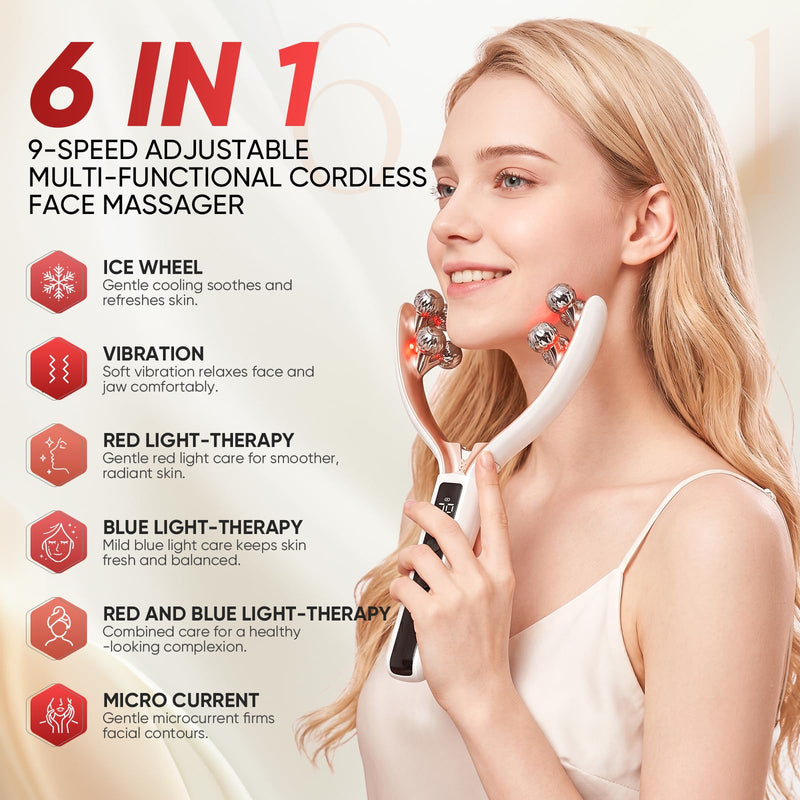 5 in 1 Face Massager, Face Roller Jaw & Tmj Massager for Lymphatic Drainage, Ice Roller for Face Sculpting Tool with Red Blue Light, Vibration, Heating for Home & Travel Use