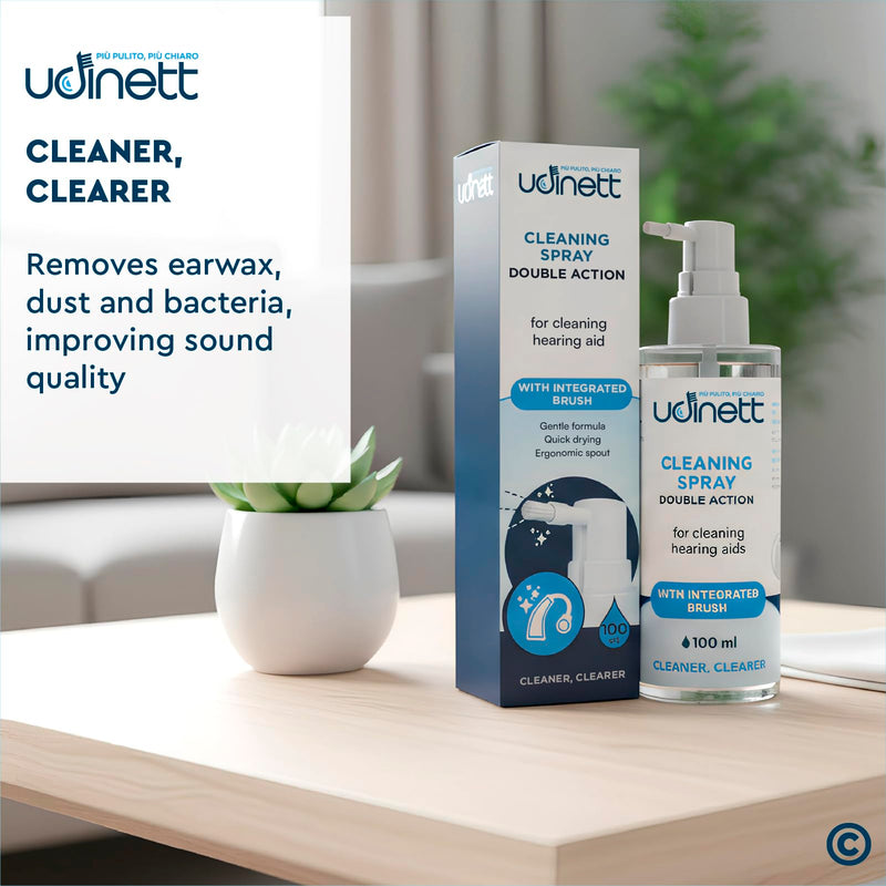 Hearing Aid Cleaning Udinett Spray with Included Brush 100ml - Eliminates Bacteria and Earwax Dust Quick Drying Sanitizer for Daily Cleaning - Earmolds Replacement Domes Earplugs