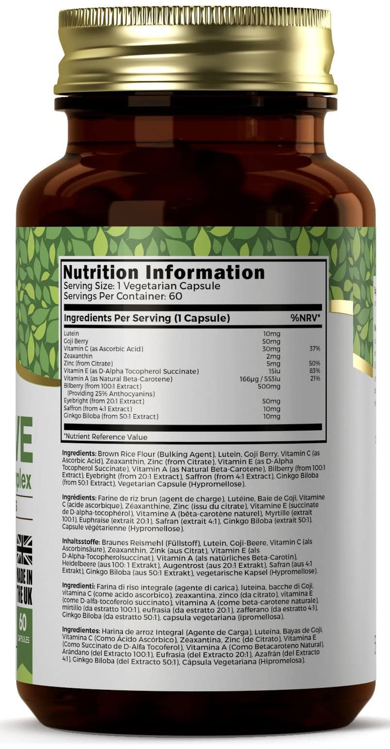 Ezyleaf Eye Supplement | Saffron, Lutein and Zeaxanthin Supplement with Bilberry, EyeBright, Natural Beta-Carotene & Goji Berry | 60 Eye-Drive Eye Vitamins - Vitamin C E A | Non-GMO & UK ISO Certified