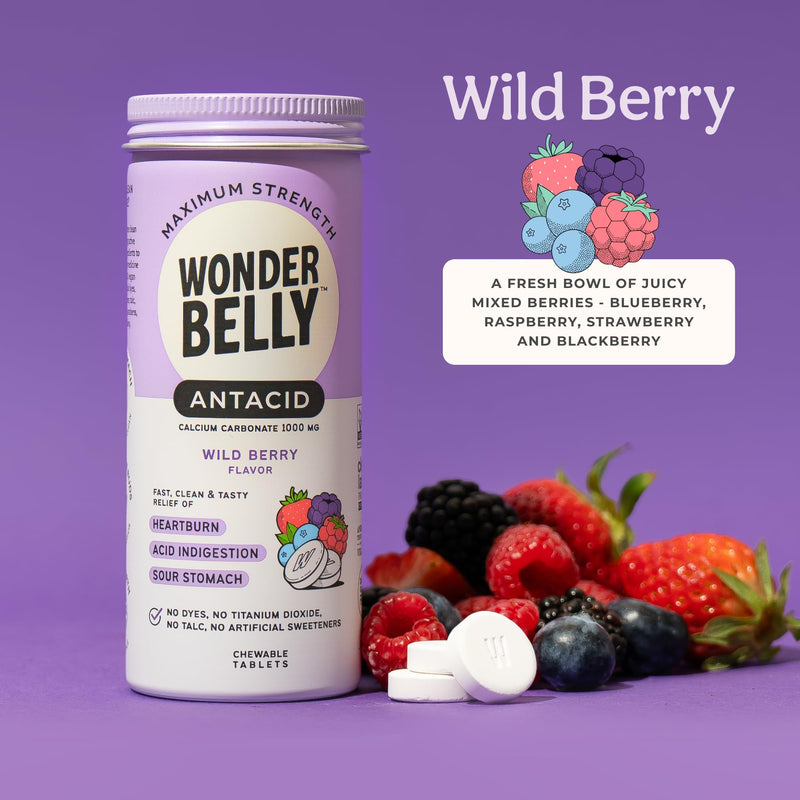 [Australia] - Wonderbelly Antacid Effective Heartburn and Instant Acid Indigestion Relief Extra Strength Chewable Tablets 1000 mg Calcium Carbonate No Talc or Dye Wild Berry 50 count 50 Count (Pack of 1) 