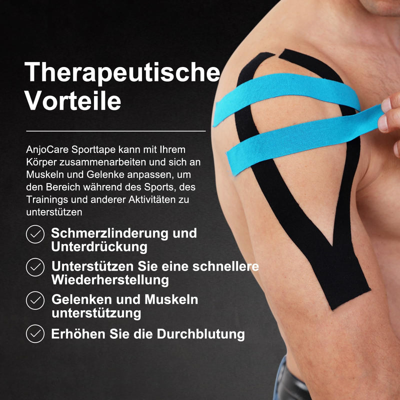 [Australia] - AnjoCare Kinesiology Tape (Uncut), Elastic Therapeutic Sports Tapes for Muscles and Joints, Physio Tape for Shoulder, Ankle, Elbow and Knee Support (2 Rolls 5M x 5CM) Blue + Black Uncut (Blue + Black) 