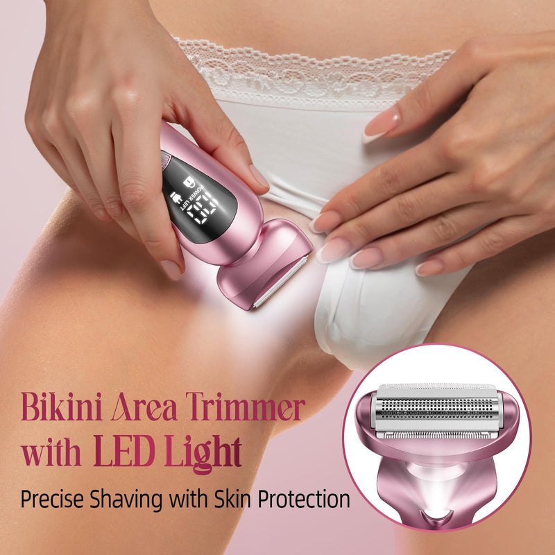 [Australia] - Electric Bikini Trimmer for Women: Rechargeable Painless Shaver for Body Hair - IPX7 Waterproof Cordless Razor with LED Display for Face/Leg Light Pink 