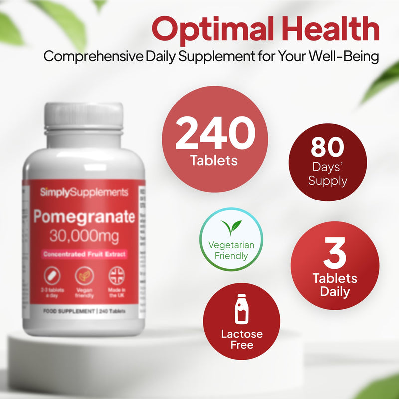 Pomegranate Extract 30,000mg | Supports Immune & Collagen Formation | Vitamin C & B1 for Antioxidant and Immune Support | Vegan & Vegetarian Friendly | 240 Tablets = 80 Days’ Supply | Made in The UK Unflavoured 1 count (Pack of 240)