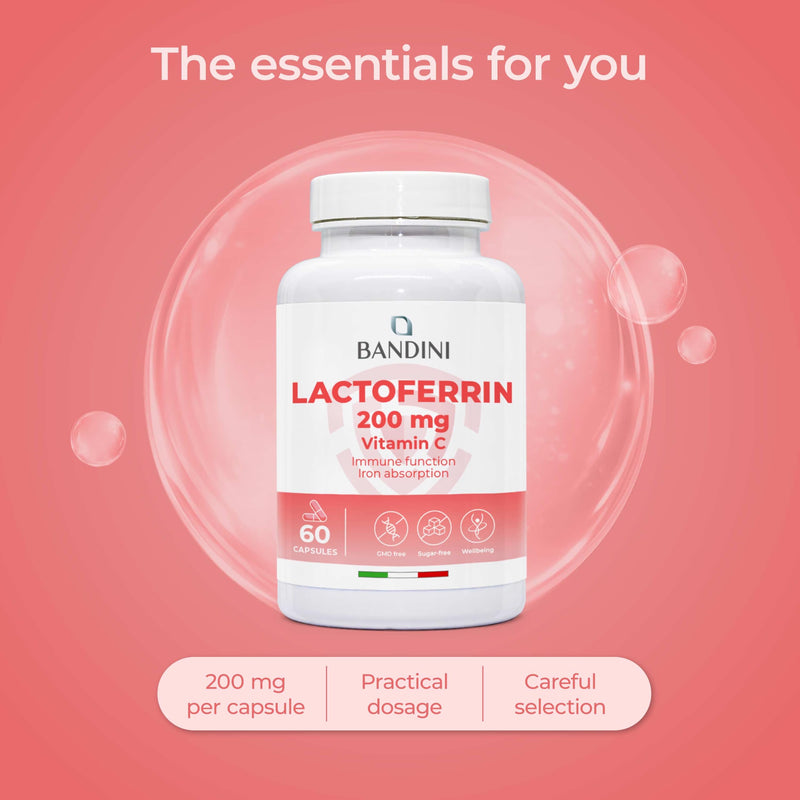 Bandini® Lactoferrin 60 Capsules - 200mg Lactoferrine + 60mg Vitamin C per Daily dose (1 Capsule) - Improves Iron Absorption & Immune System Function - A Component in Colostrum - Vegetarian, GMO-Free 60 count (Pack of 1)