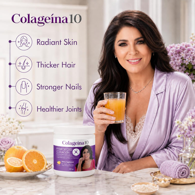 Colageina 10, Hydrolyzed Collagen Powder with Vitamin C, Improves Skin's Appearance, Helps Hair Growth, Healthier Nails, 3.5 Oz Powder, Jar.