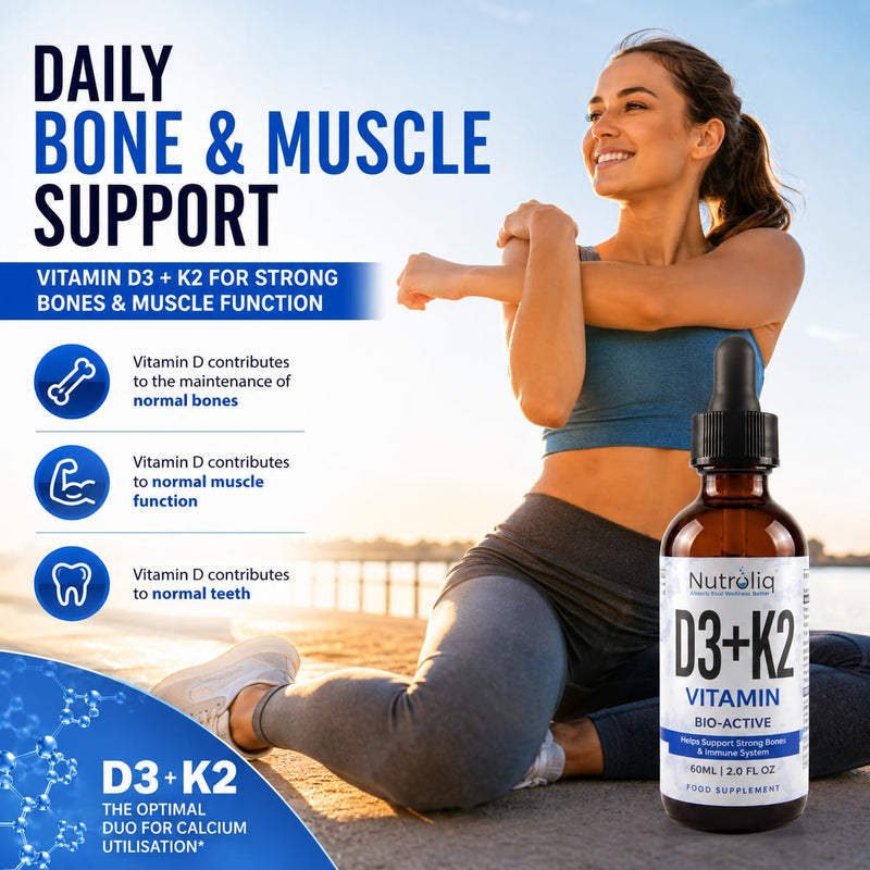 Nutroliq Vitamin D3 + K2 Liquid Drops - 4000IU Vit D3, 100mcg Vit K as MK7, MCT, Extra Virgin Olive Oil - For Immune & Bone Health, Better Energy, Calcium Absorption - Natural Peppermint Flavour, 60ml