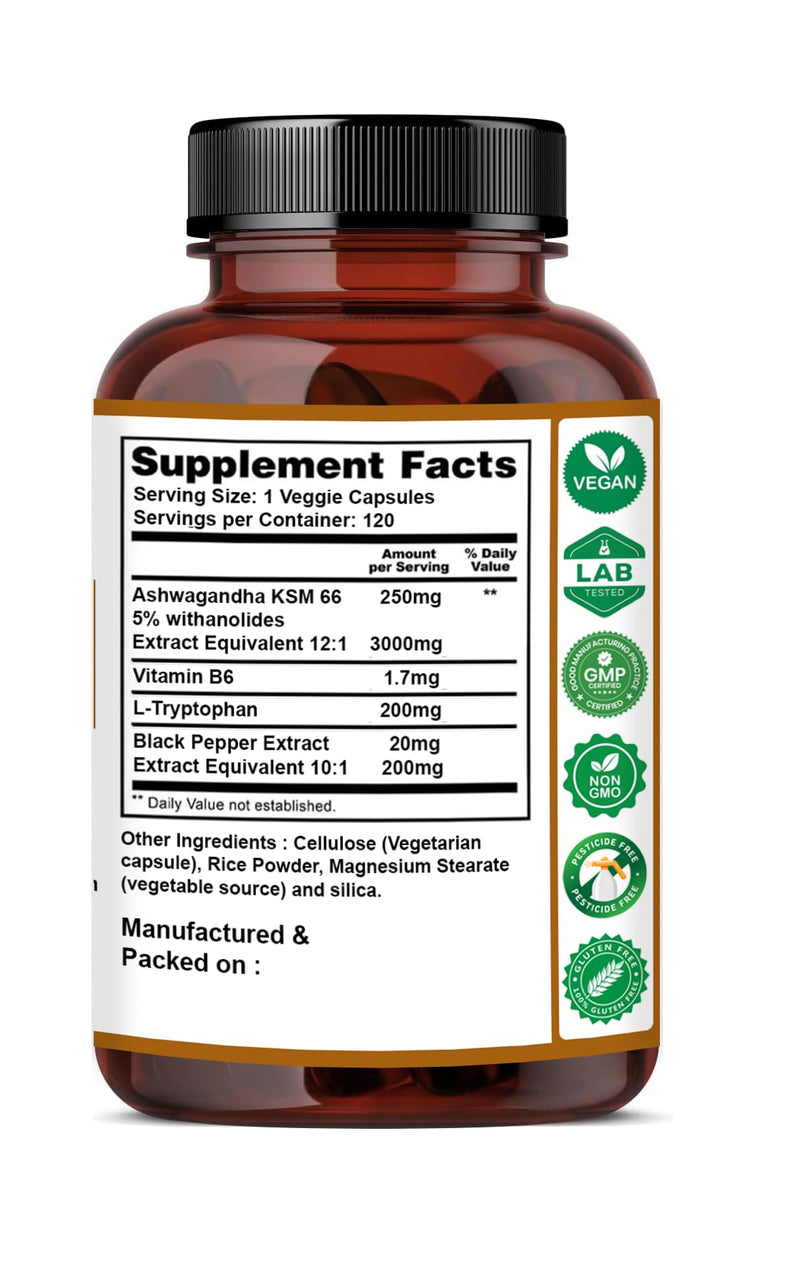 Naturfi Organic Ashwagandha KSM 66 Complex – 3000mg Enhanced with L-Tryptophan & Vitamin B6 (4 Month Supply) – Ashwagandha High Strength Capsules with 250mg Extract (360 Capsules (Pack of 3)) 360 Capsules (Pack of 3)