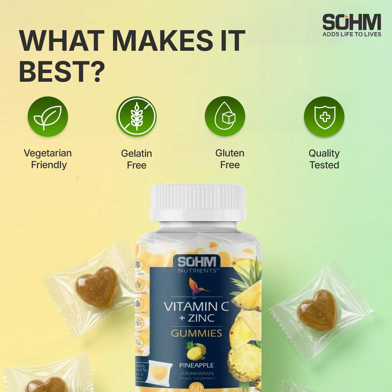 SOHM Vitamin C 60000 mcg + Zinc 15000 mcg Gummies for Adults | 60 Gluten, Gelatin Free, Vegetarian Gummies | Supports Healthy Immune Function | Vitamin C & Zinc Supplement for Men & Women