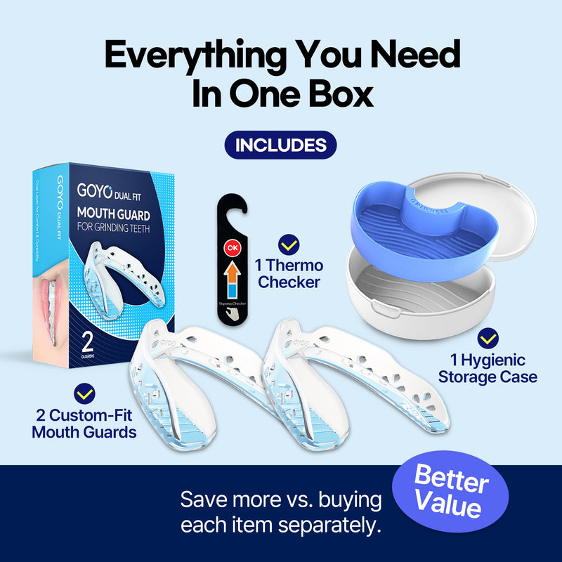 [Australia] - GOYO Dual FIT Pack of 2 Mouth Guard for Clenching Teeth at Night with Thermo Checker & Dental Case | Night Guards for Teeth Grinding | Custom-Fit & Custom Moldable Bruxism Sleep Night Guard – BPA-Free 