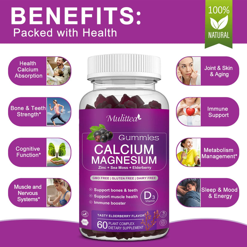 [Australia] - Calcium Magnesium Zinc Gummies with High Absorption Magnesium Glycinate 200mg, Potassium -Plant Calcium Supplement w/ D3 & Sea Moss for Bone, Muscles, Calm Mood & Sleep Support*-Kids & adults (2 Pack) 60 Count (Pack of 2) 