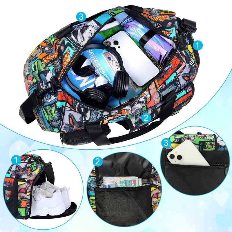 CCJPX Kids Duffle Bag for Boys, Travel Bag with Shoe Compartment, Dinosaur Weekender Carry-On Personalized Tote for Sport Gym (Black) Black Dinosaur