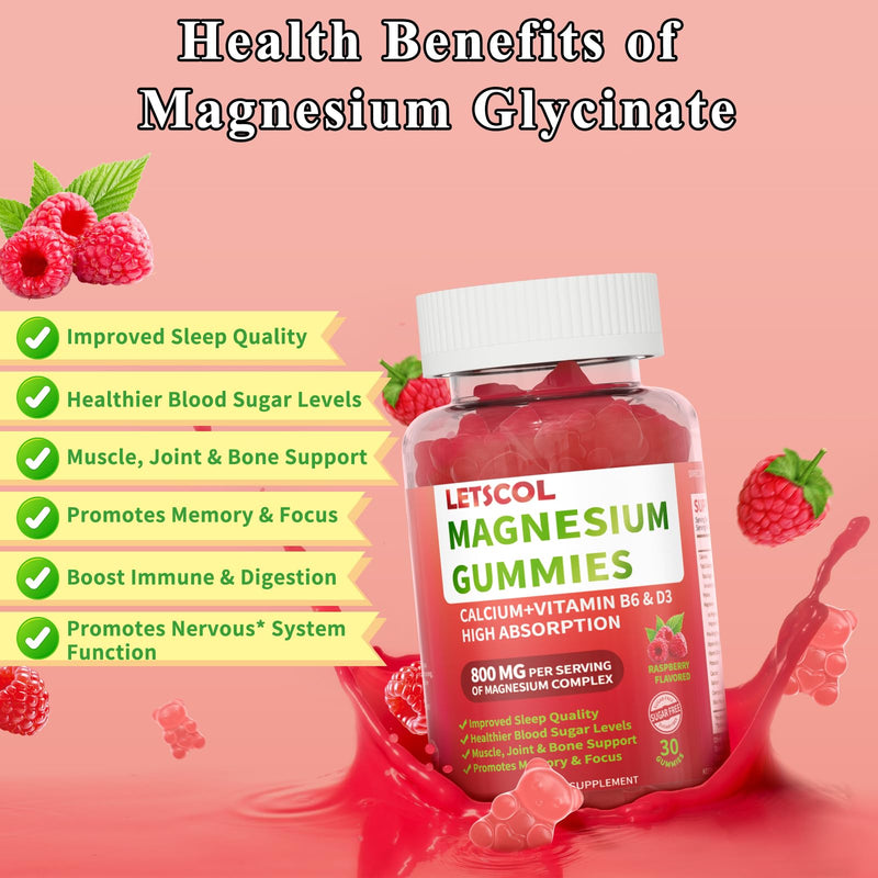 Magnesium Glycinate Gummies 800mg Per Serving, Sugar Free Magnesium Supplement with Magnesium Malate, Calcium, Vitamin D3, B6, CoQ10 for Calm Support & Zzz for Adults Kids Raspberry 30 Count (Pack of 1)