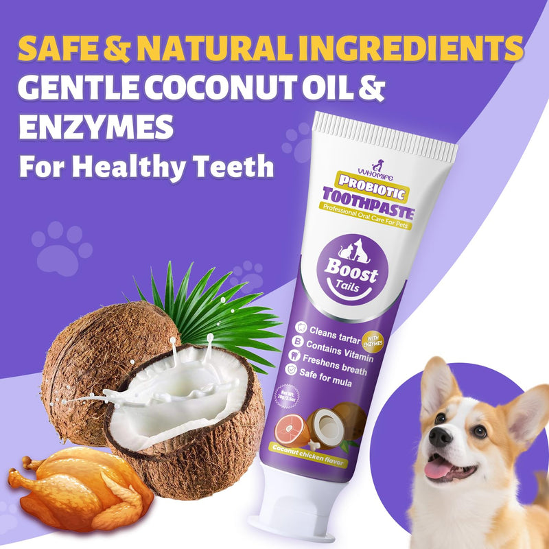 Vet Recommended Small Dog Teeth Brushing Kit - Soft Brush and Finger Brush removes 99% of Plaque, Natural Coconut Chicken-Flavored Toothpaste 2.5 oz. for Fresh Breath 2.5oz-Coconut Chicken