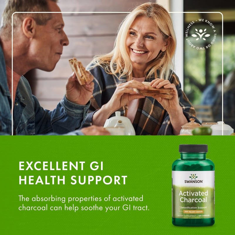[Australia] - Swanson Activated Charcoal - Natural Supplement Supporting Healthy Absorption - Helps w/Bloating & Maintaining Bowel Regularity - (120 Capsules, 520mg per Serving) 4 Pack 